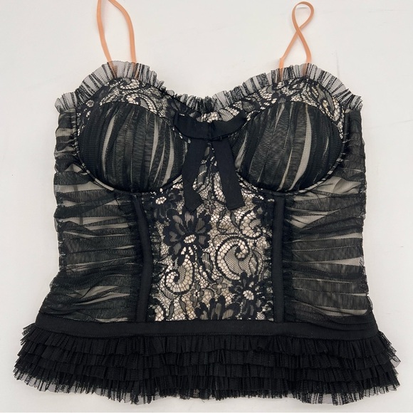 Forever 21 Paris Black Lace Corset Bustier Top S – Ruffle Trim, Zip Back - Picture 1 of 8